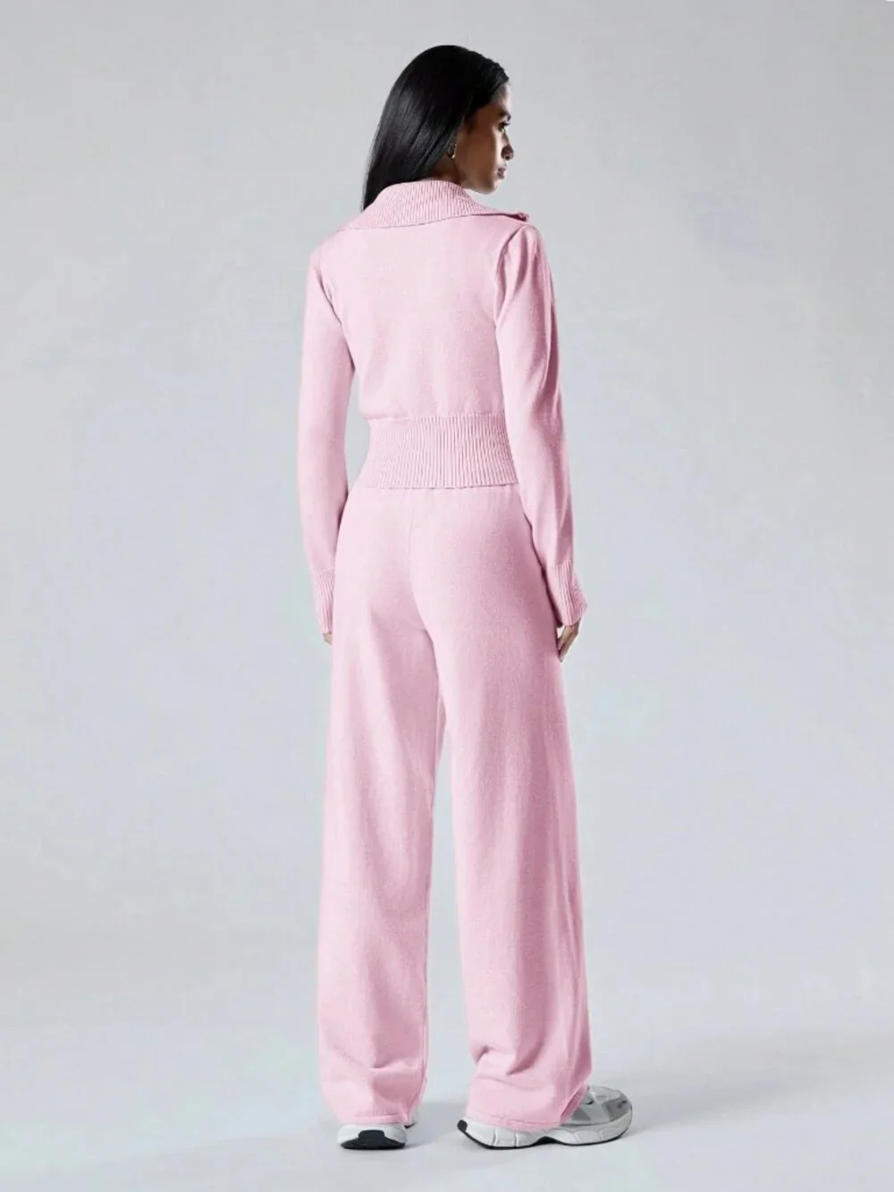 Women's Long Sleeve Zip-Front Cardigan And Knitted Long Pants Casual coord set